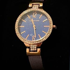 NWOT JEANNERET Rose Gold Tone Clear Rhinestone Ladies Working Watch Blue Face**